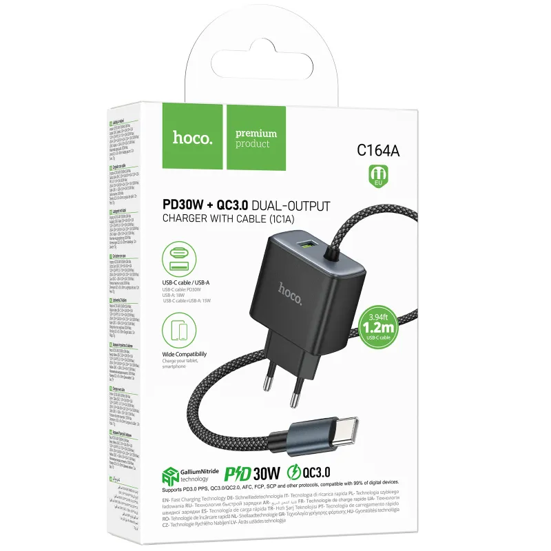 МЗП Hoco C164A New PD30W+QC3.0 (1USB-A/1C) + встроенный кабель Type-C – Black. Фото 2 з 6