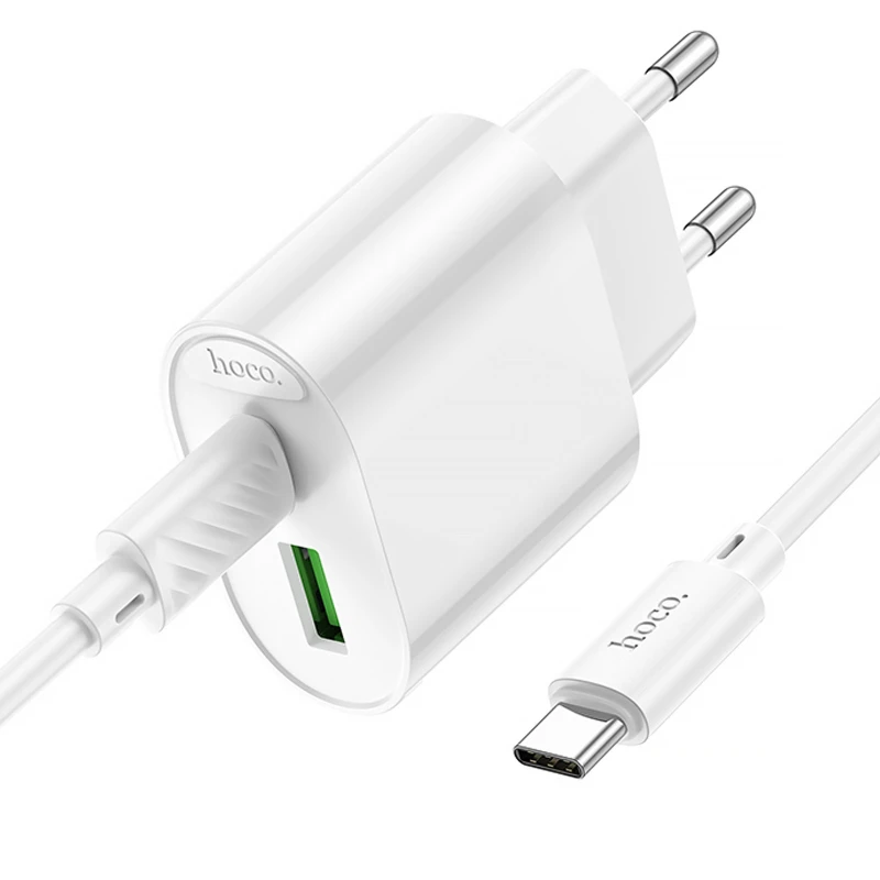 СЗУ Hoco C109A Fighter PD20W+QC3.0 (1USB-A/1C) + кабель Type-C to Type-C – White. Фото 3 из 6