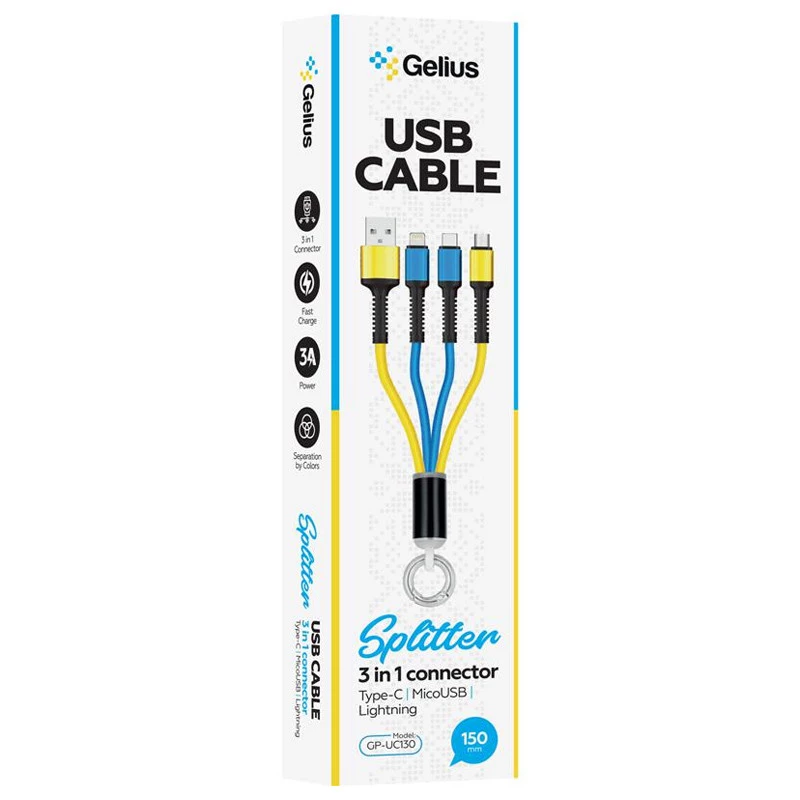 Дата кабель Gelius Pro Splitter GP-UC130 3in1 (0.2m) – Yellow / Blue. Фото 2 из 2