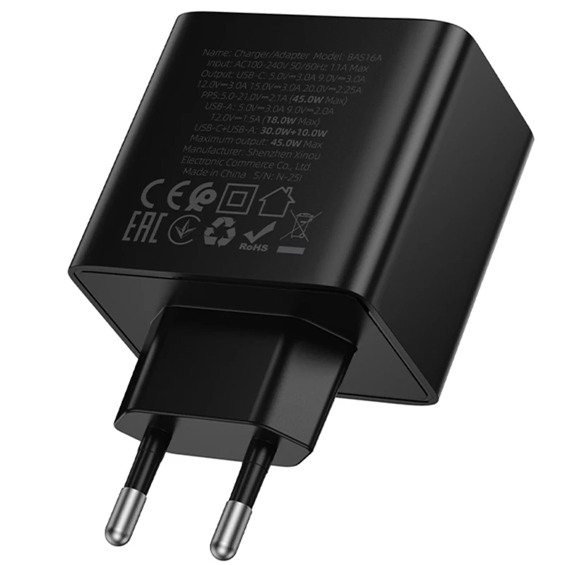 МЗП Borofone BAS16A Erudite PD45W+QC3.0 (1USB-A/1C) – Black. Фото 6 з 6
