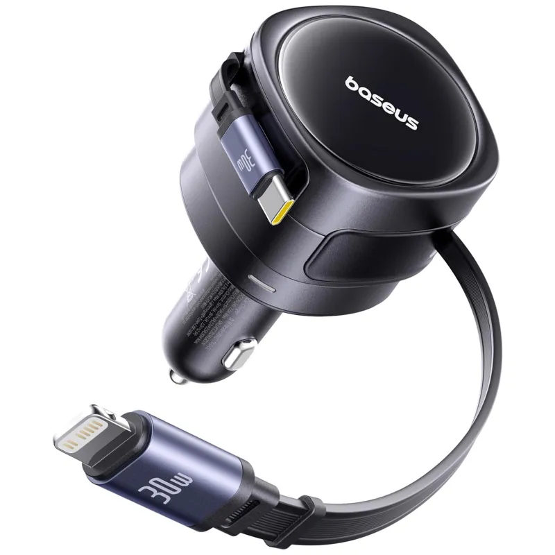 АЗП Baseus Enjoyment Max PD60W with retractable cables (1USB-C/1L) (C00035507121) – Cosmic Black. Фото 3 з 4