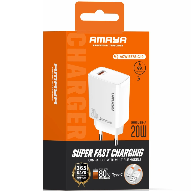 МЗП Amaya E57S QC3.0 20W (1USB-A) + кабель USB to Type-C – White. Фото 2 з 2