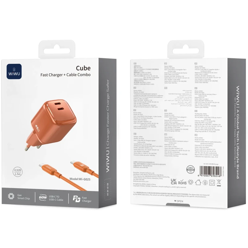 МЗП WIWU G025 Cube PD45W (2USB-C) – Orange. Фото 2 з 5