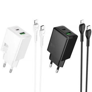 МЗП Hoco N71 Nuevo PD30W+QC3.0 (1USB-A/1C) + кабель Type-C to Lightning фото 1 з 1