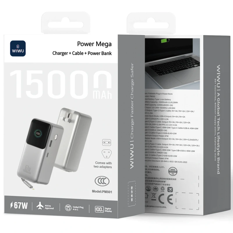 Портативний ЗП Power Bank WIWU PM501 Power Mega PD67W with cable 15000 mAh – silver. Фото 2 з 6