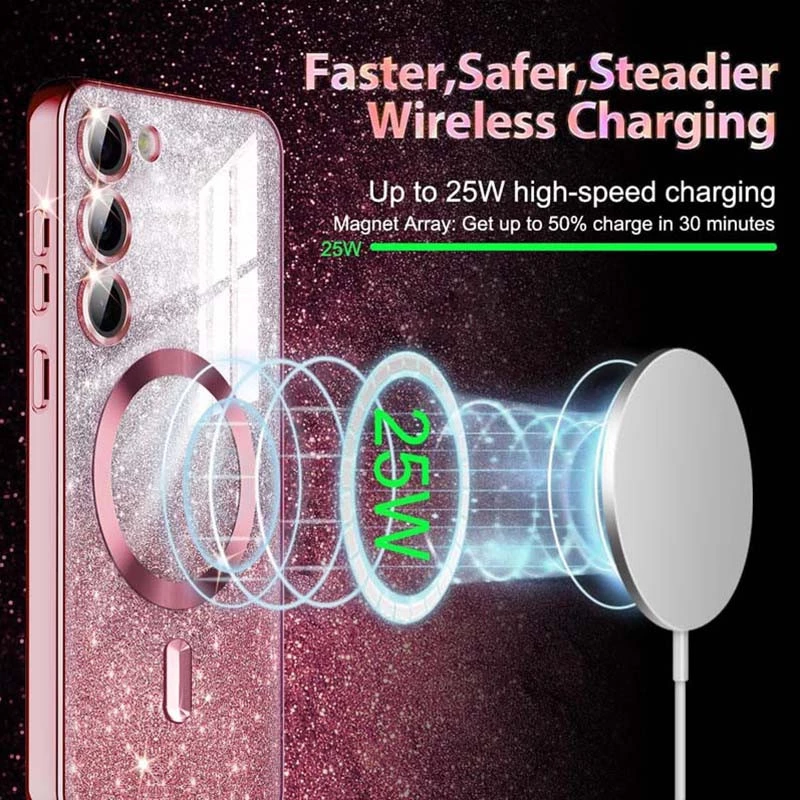 Чехол с блесками, защитными линзами на камеру и MagSafe для Samsung Galaxy S21 – Розовый / Rose Gold. Фото 5 из 12
