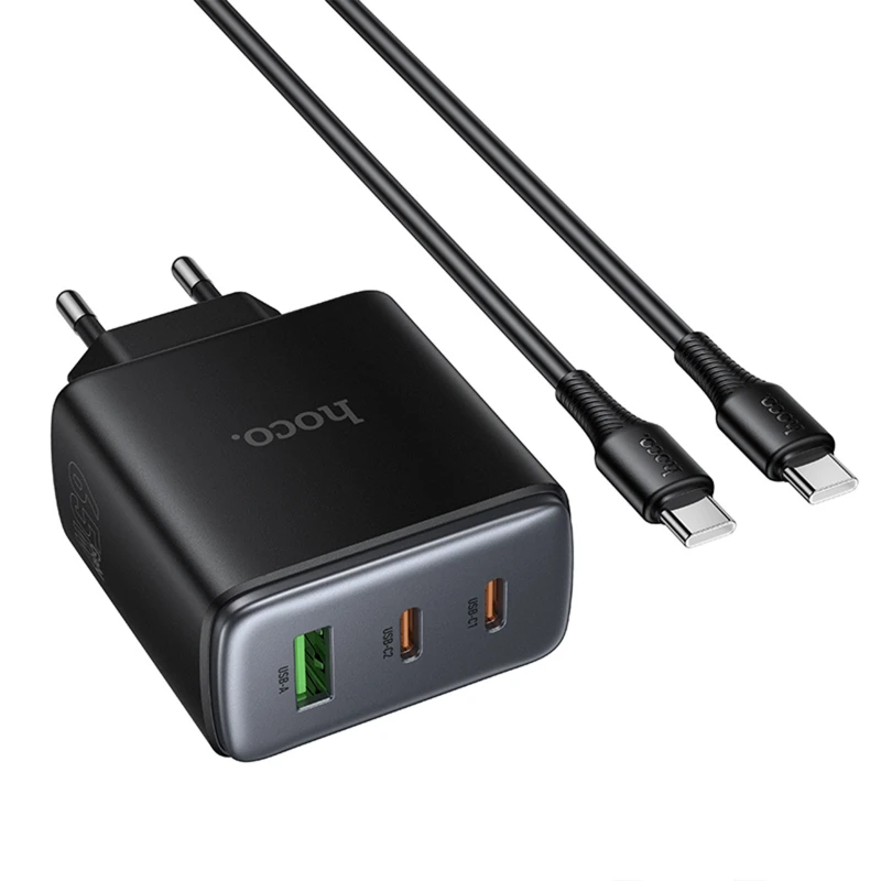 СЗУ Hoco C160A Upgrade PD65W+QC3.0 (1USB-A/2C) + кабель Type-C to Type-C – Black. Фото 3 из 6