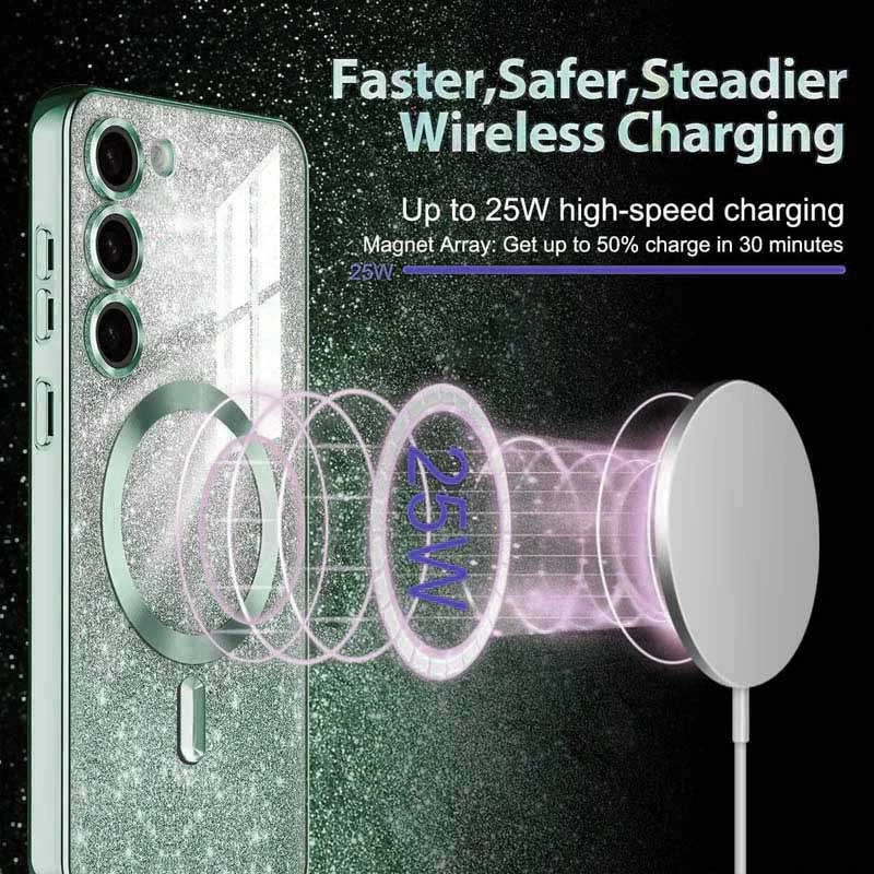 Чохол з блискітками, захисними лінзами на камеру та MagSafe на Samsung Galaxy S21 FE – Зелений / Green. Фото 4 з 7