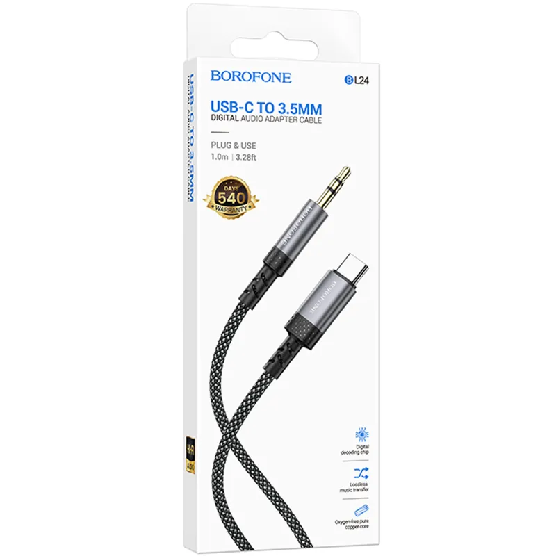 Аудіо кабель Aux Borofone BL24 Graceful Type-C to AUX 3.5mm) (1m) – Metal grey. Фото 2 з 7