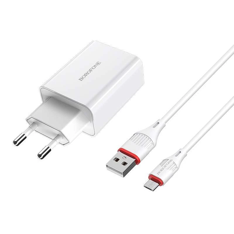 СЗУ Borofone BA21A Long journey QC3.0 (1USB/3A) + MicroUSB – Белый. Фото 2 из 7