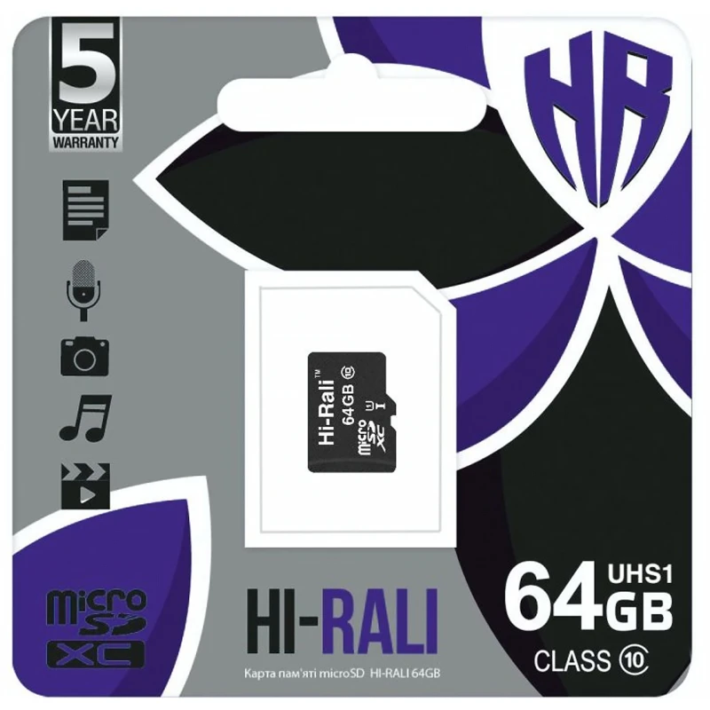 Карта пам'яті Hi-Rali microSDXC (UHS-1) 64 GB Card Class 10 без адаптера – Чорний. Фото 2 з 2