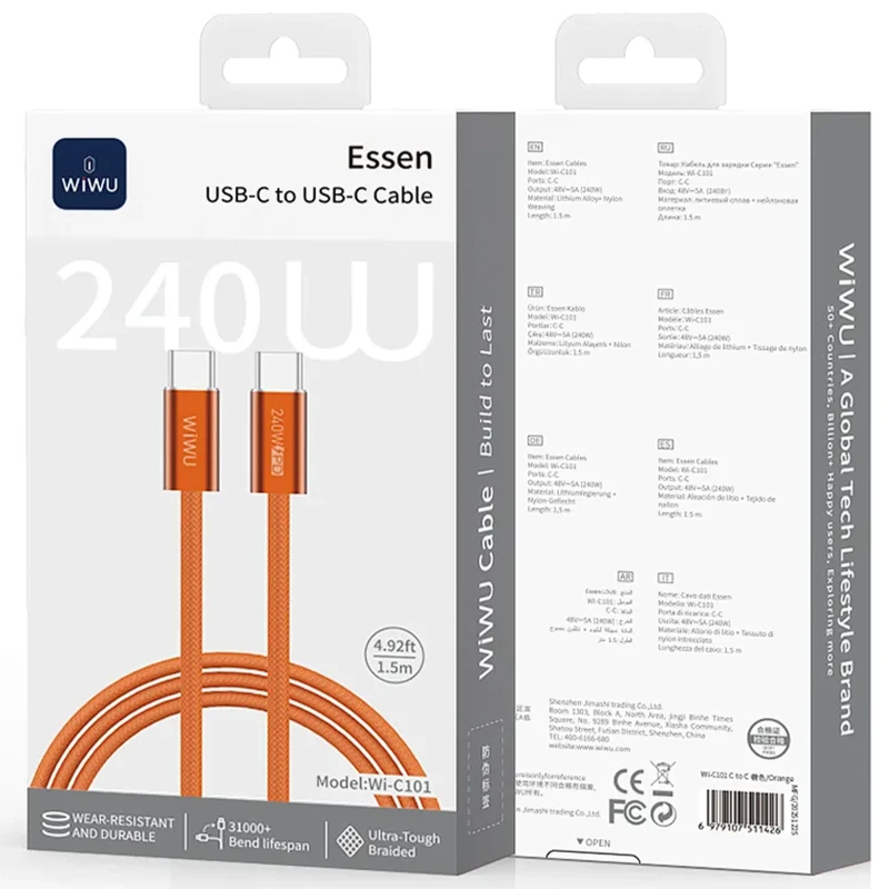 Дата кабель WIWU C101 Essen Type-C to Type-C 240W (1.5m) – Orange. Фото 5 из 5