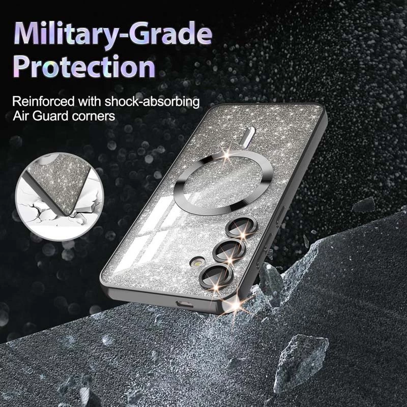 Чохол з блискітками, захисними лінзами на камеру та MagSafe на Samsung Galaxy S24 FE – Чорний / Black. Фото 3 з 5