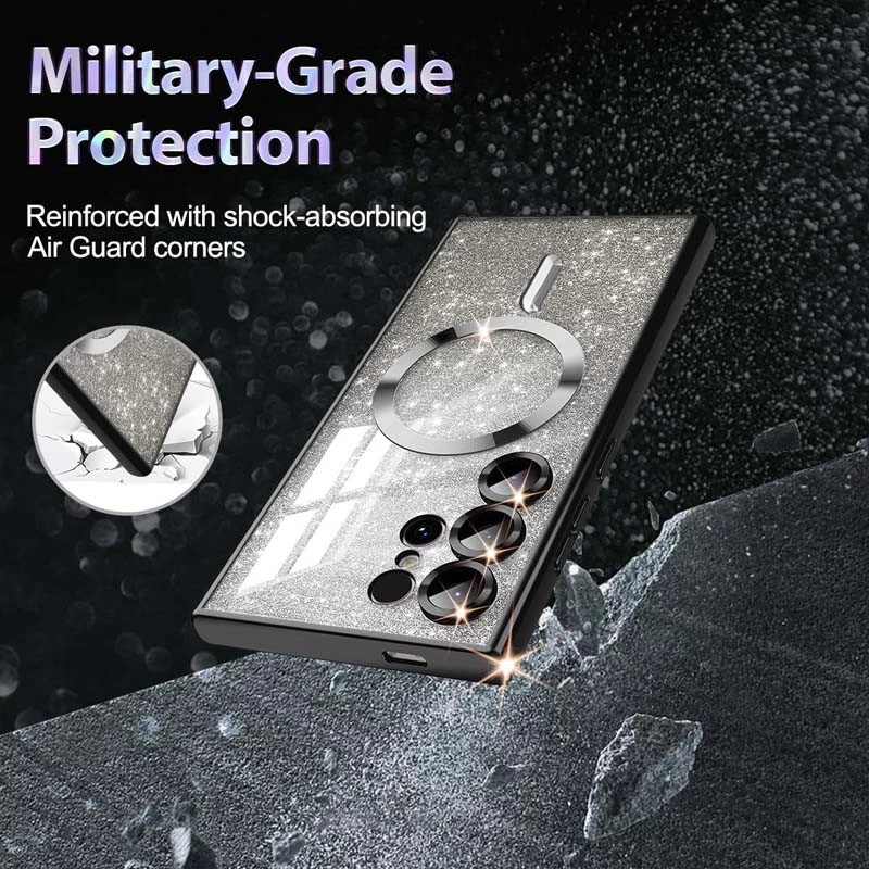 Чехол с блесками, защитными линзами на камеру и MagSafe для Samsung Galaxy S22 Ultra – Черный / Black. Фото 3 из 4