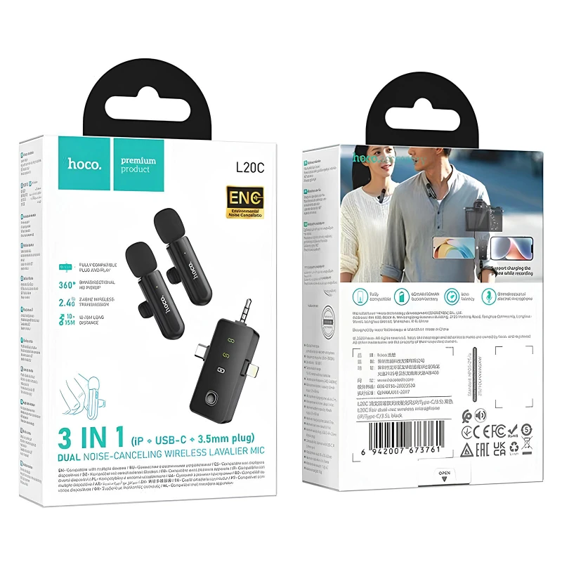 Петличный беспроводной микрофон Hoco L20C Fair dual-mic 3in1 (Lightning/Type-C/3.5) – Black. Фото 2 из 2