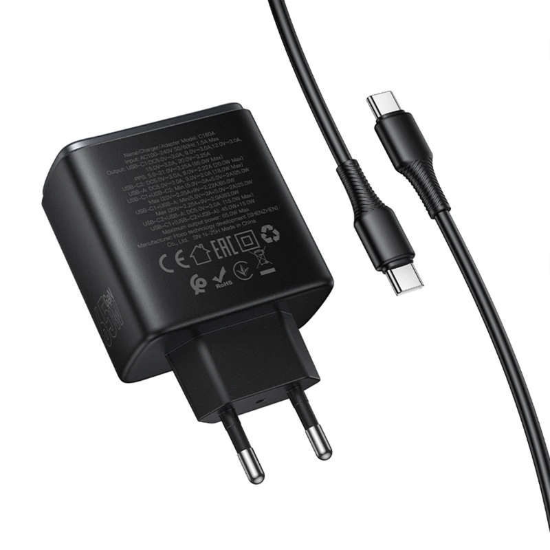 СЗУ Hoco C160A Upgrade PD65W+QC3.0 (1USB-A/2C) + кабель Type-C to Type-C – Black. Фото 6 из 6