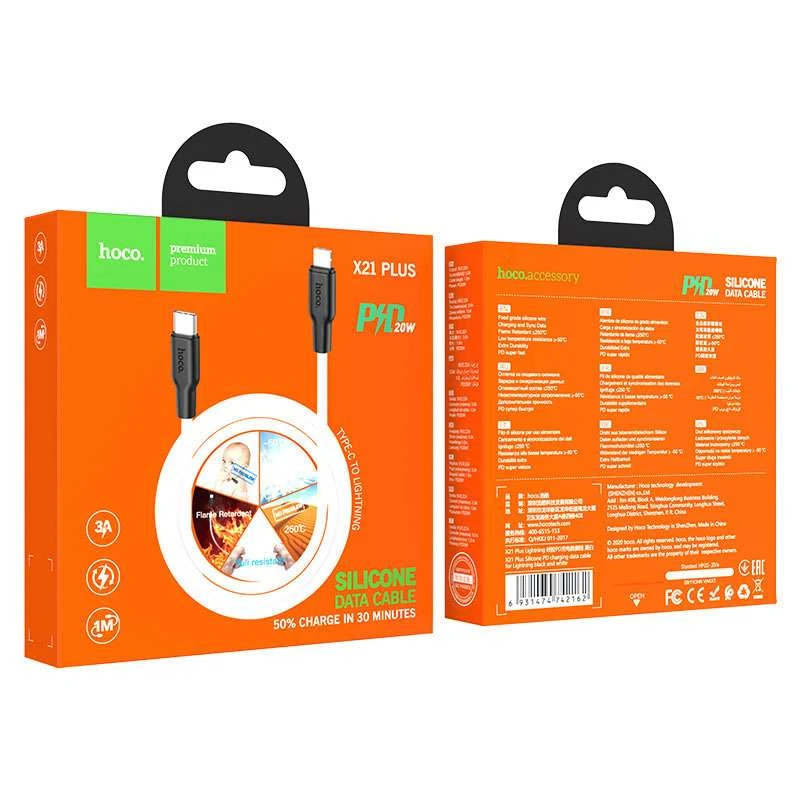 Дата кабель Hoco X21 Plus Silicone Type-C to Lightning (1m) – Черный / Белый. Фото 4 из 5