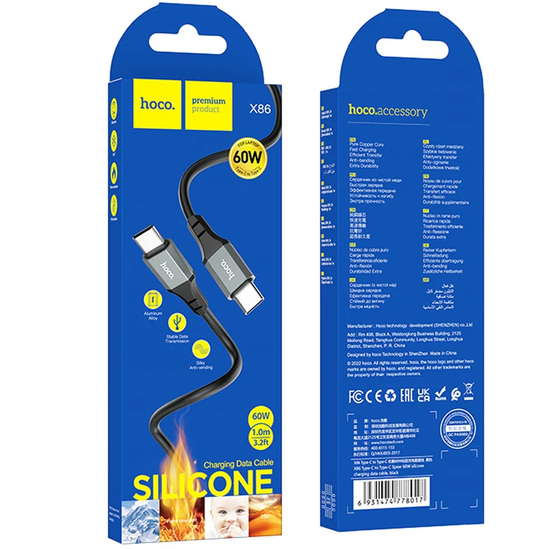 Дата кабель Hoco X86 Spear Type-C to Type-C 60W (1m) – Black. Фото 2 из 4