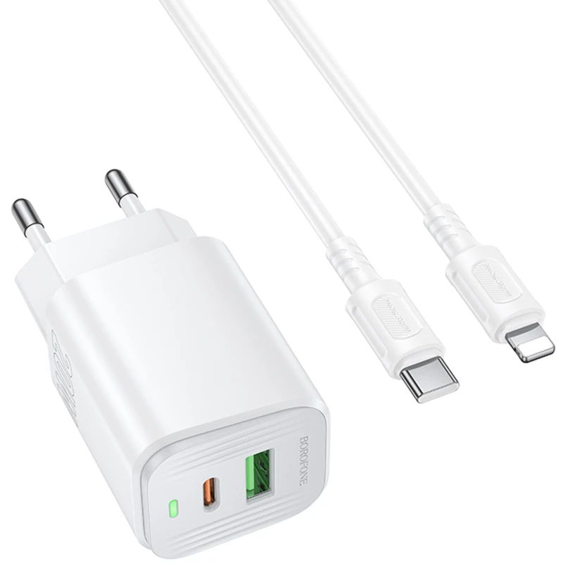 МЗП Borofone BAS83A Star PD20W+QC3.0 (1USB-A/1C) + кабель Type-C to Lightning – White. Фото 1 з 4