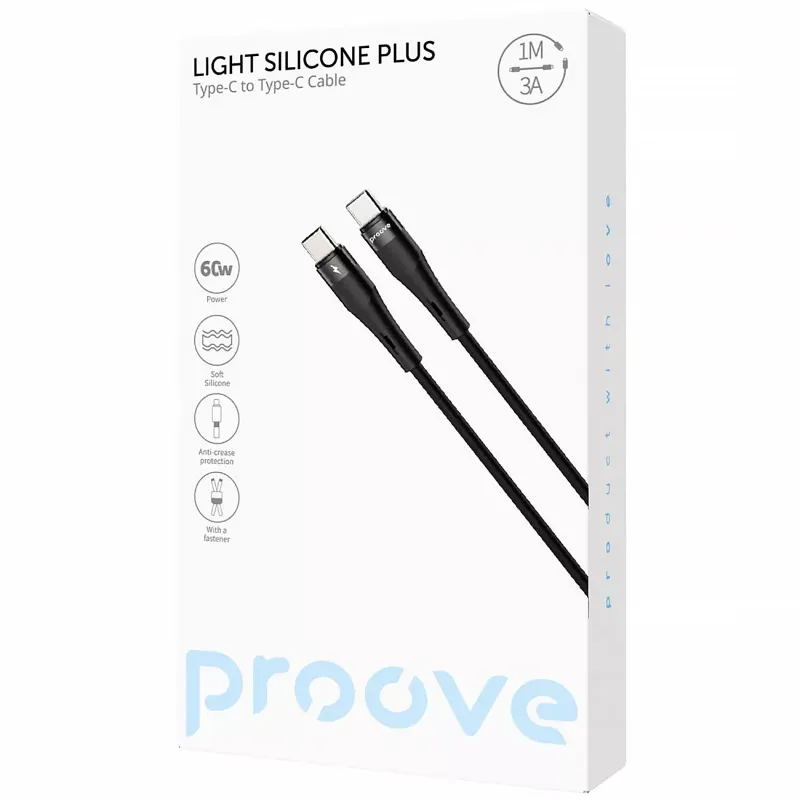 Дата кабель Proove Light Silicone Plus Type-C to Type-C 60W (1m) – Black. Фото 2 з 2