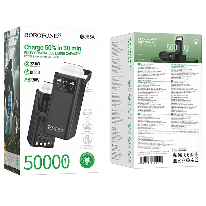 Портативное ЗУ Power Bank Borofone BJ65A High 22.5W+PD20W with cable 50000 mAh – Black. Фото 2 из 6