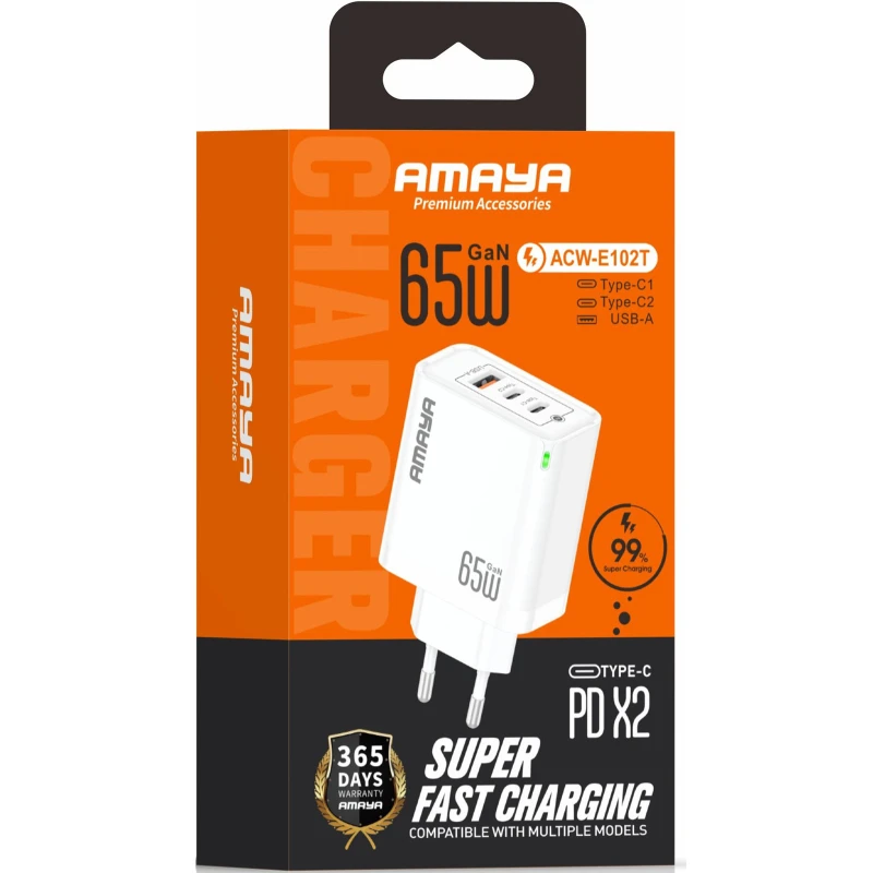 МЗП Amaya E102T PD65W+QC3.0 GaN (1USB-A/2C) – White. Фото 2 з 2