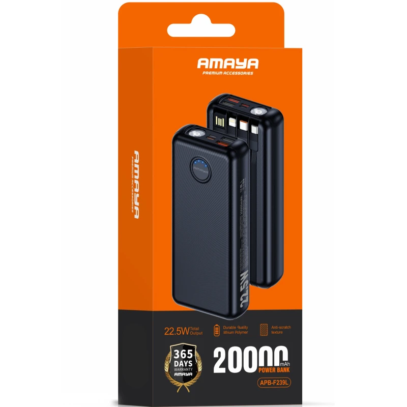 Портативное ЗУ Power Bank Amaya F239L 22.5W flashlight with cable 20000 mAh – Black. Фото 2 из 2