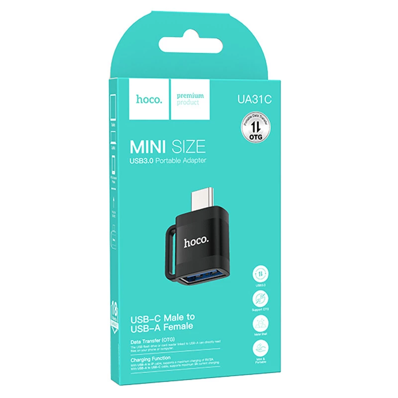 Перехідник Hoco UA31C OTG Type-C male to USB female – Black. Фото 2 з 4