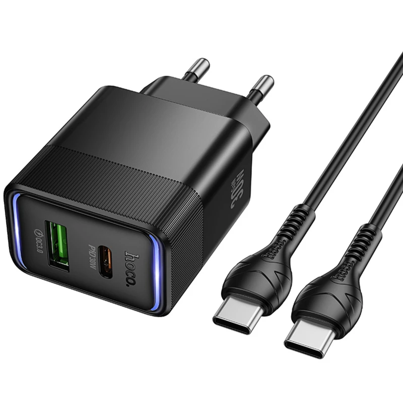 СЗУ Hoco CS112A Lounge PD30W+QC3.0 (1USB-A/1C) + кабель Type-C to Type-C – Black. Фото 5 из 5