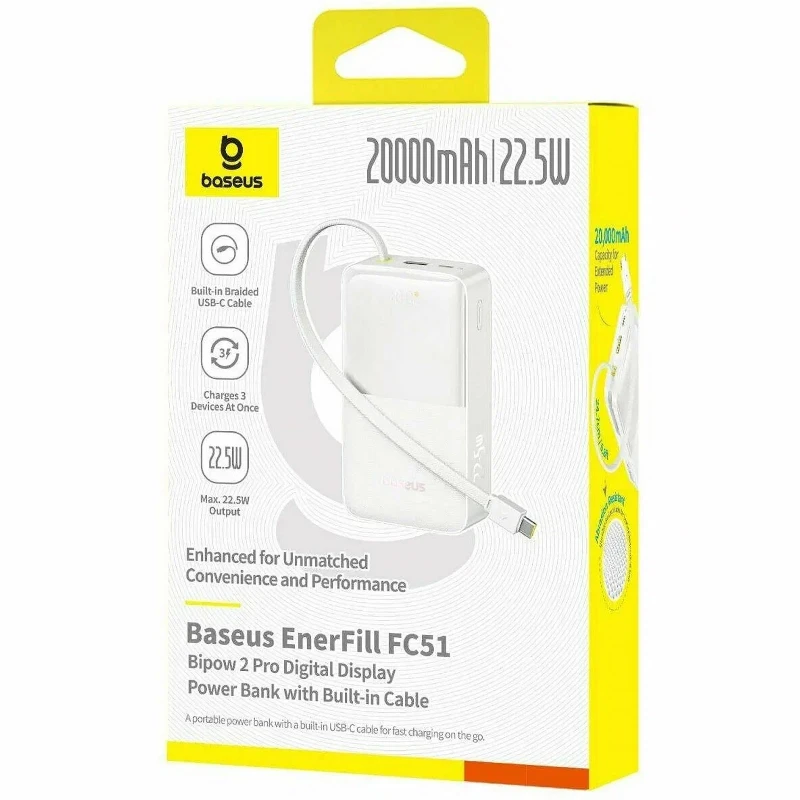 Портативний ЗП Power Bank Baseus EnerFill FC51 Bipow2 Pro 22.5W 20000 mAh (E00277) – White. Фото 4 з 4