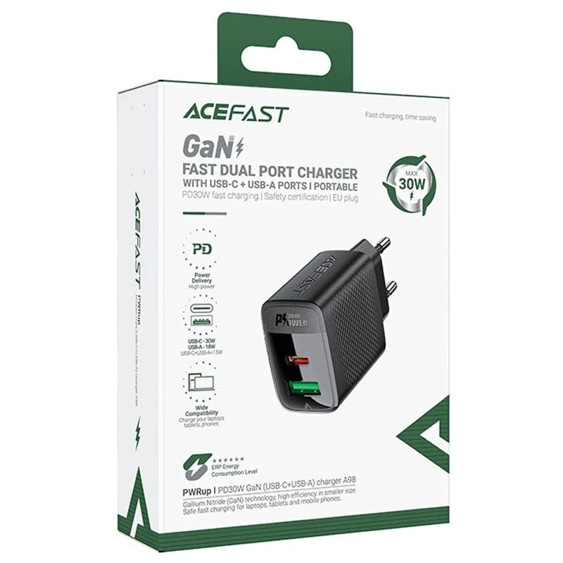 СЗУ Acefast A98 PD30W+QC3.0 GaN (1USB-A/1C) – Black. Фото 2 из 5