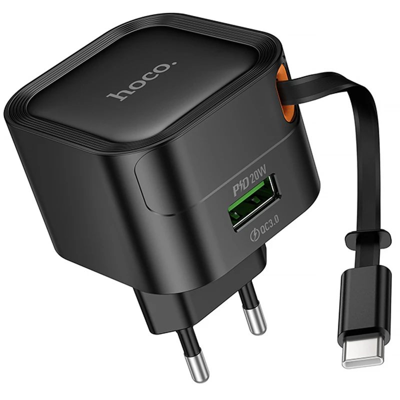 МЗП Hoco C154A Changer With Retractable Cable Type-C PD20W+QC3.0 (1USB-C) – Black. Фото 1 з 6