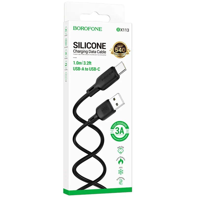 Дата кабель Borofone BX113 Lenny USB to Type-C 3A (1m) – Black. Фото 2 з 4