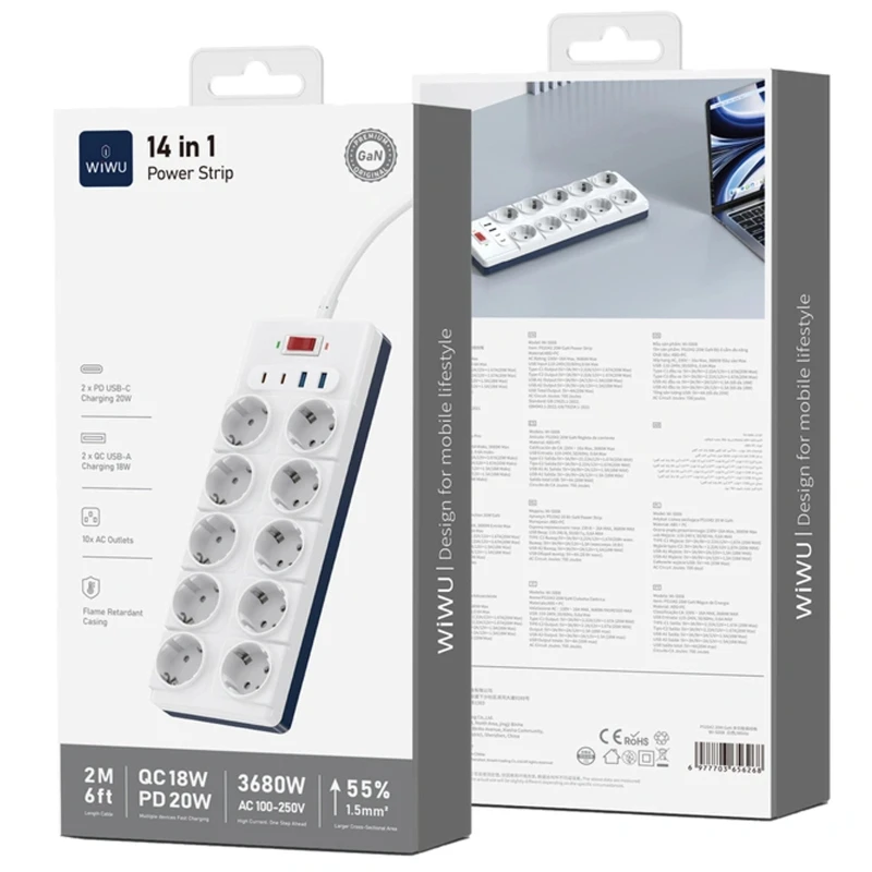Подовжувач WIWU S008 Power Strip PD20W (2USB-A/2C/10xSocket) (2m) – White. Фото 4 з 4