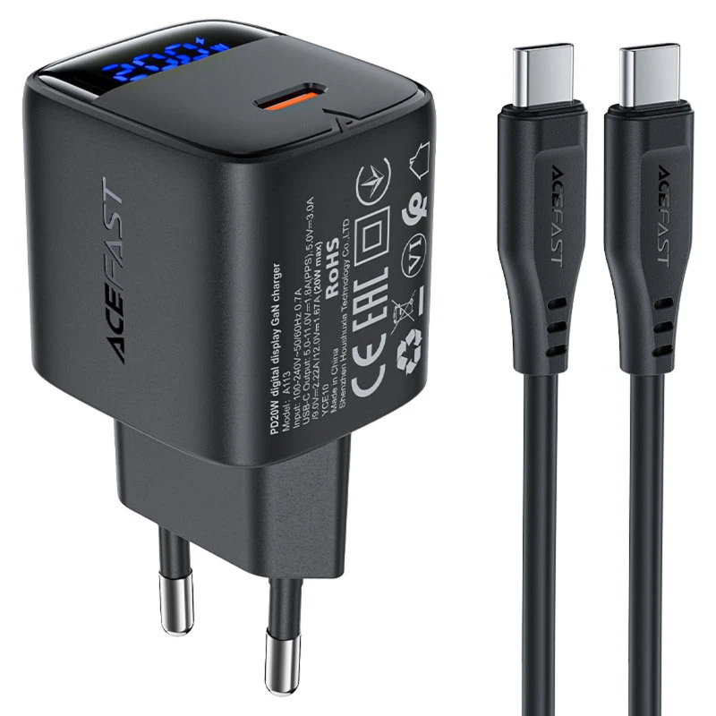 СЗУ Acefast A113 PD20W GaN (1USB-C) + кабель Type-C to Type-C – Black. Фото 1 из 4