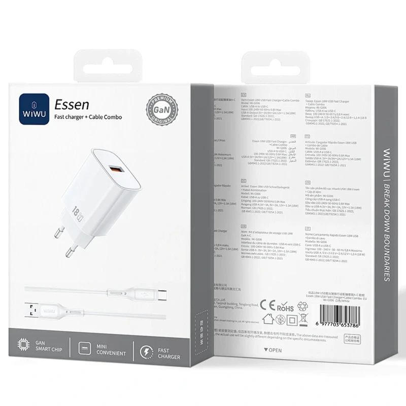 МЗП WIWU G006 Essen QC3.0 18W GaN (1USB-A) + кабель USB to Type-C – White. Фото 2 з 2