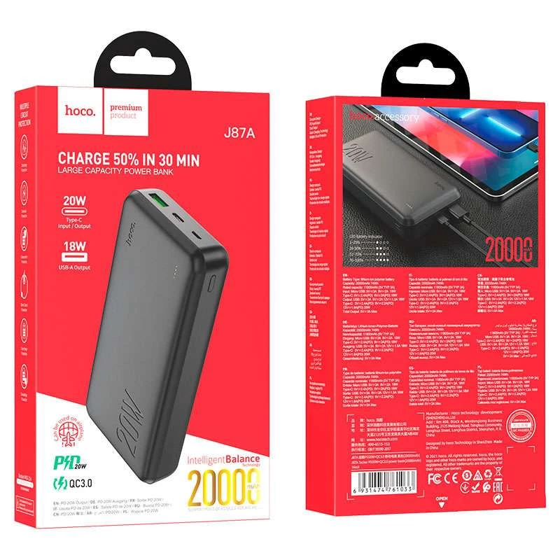 Портативне ЗП Power Bank Hoco J87A Tacker PD20W+QC3.0 20000 mAh – Чорний. Фото 5 з 5