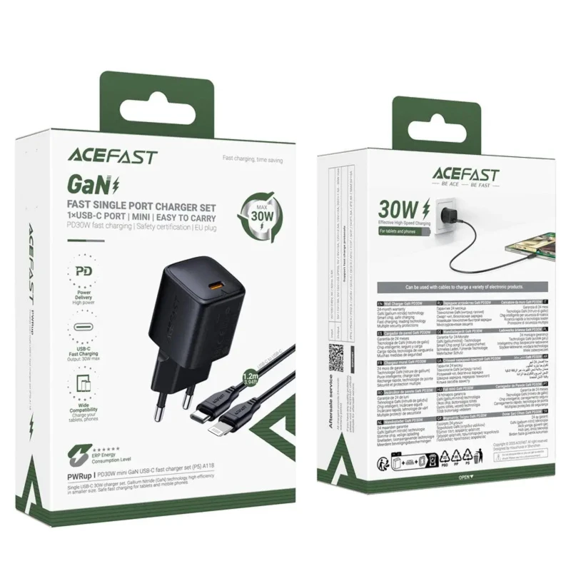 СЗУ Acefast A118 PD30W GaN (1USB-C) + кабель Type-C to Lightning – Black. Фото 3 из 3