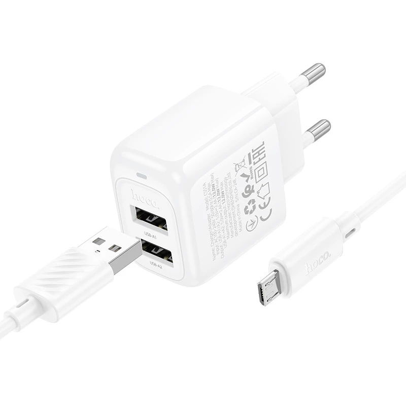 МЗП Hoco CS51A Surplus (2USB-A) + MicroUSB – White. Фото 2 з 8