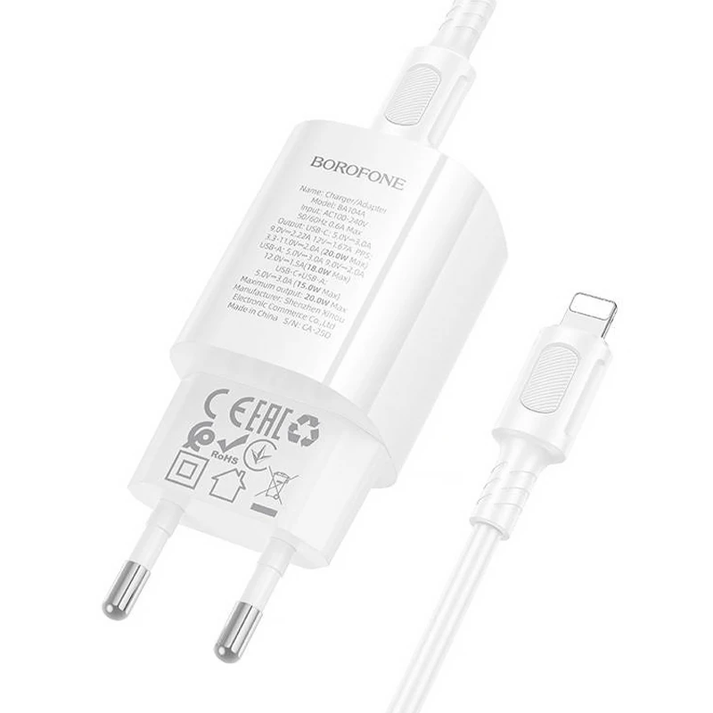 СЗУ Borofone BA104A Pudding PD20W+QC3.0 (1USB-A/1C) + кабель Type-C to Lightning – White. Фото 4 из 4