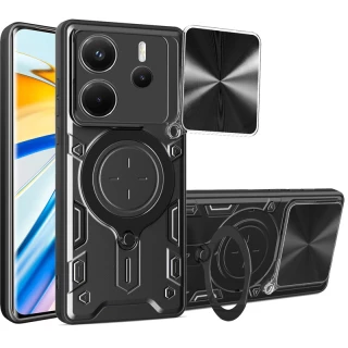 Ударопрочный чехол Bracket Ringstand с защитной шторкой для камеры для Xiaomi Redmi Note 14 5G — Black