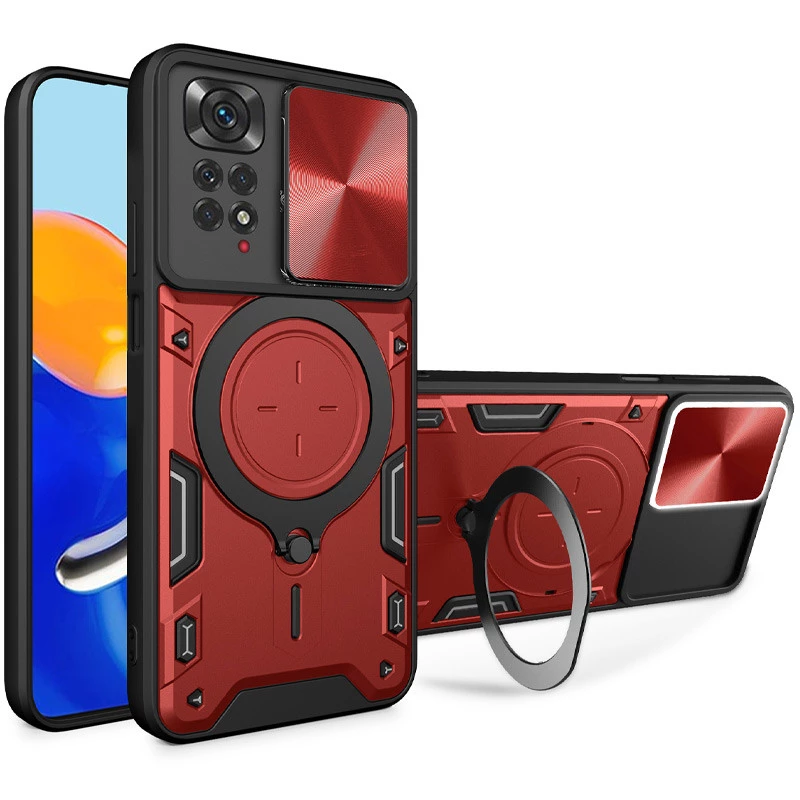 

Ударопрочный чехол Bracket Ringstand с защитной шторкой для камеры для Xiaomi Redmi Note 11 Pro 4G/5G (Red)