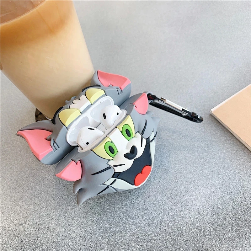 Силіконовий футляр Tom & Jerry series для навушників AirPods 1/2 + карабін – Том/Сірий. Фото 3 з 4