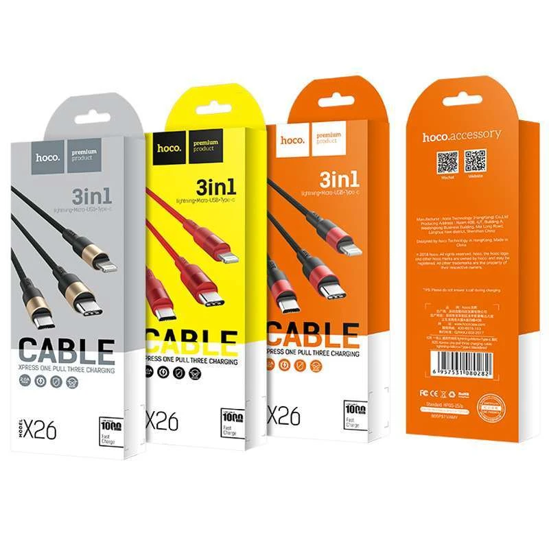 Дата кабель Hoco X26 Xpress 3in1 Lightning -MicroUSB-Type-C (1m) – Чорний / Золотий. Фото 5 з 5