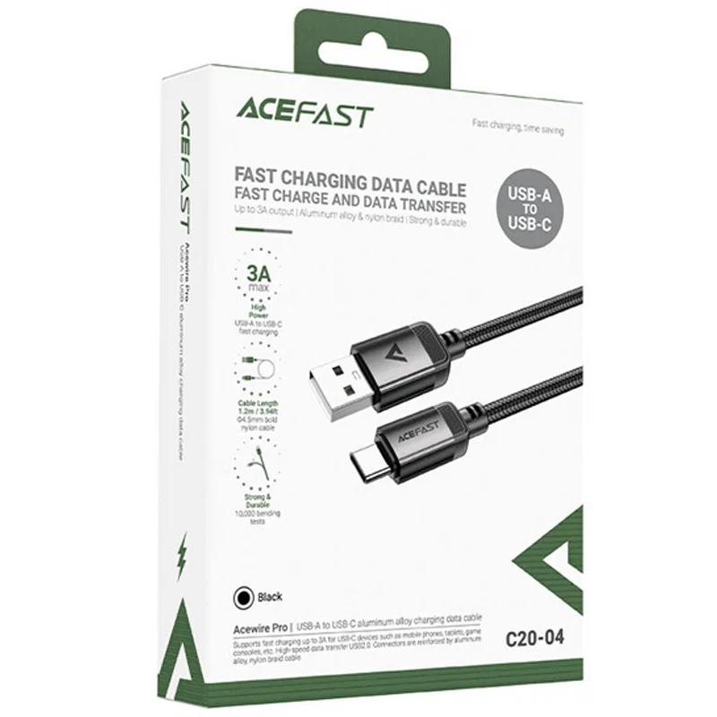 Дата кабель Acefast C20-04 USB to Type-C 3A (1.2m) – Black. Фото 2 з 4