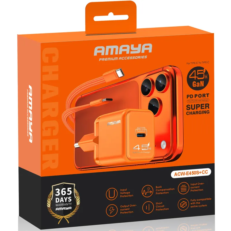 МЗП Amaya E450S PD45W GaN (1USB-C) + кабель Type-C to Type-C – Orange. Фото 2 з 2