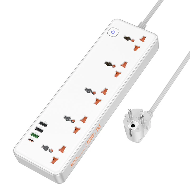 Удлинитель Hoco AC14A Rico PD30W (3USB-A/1C/5xSocket) (1.5m) – White. Фото 4 из 6