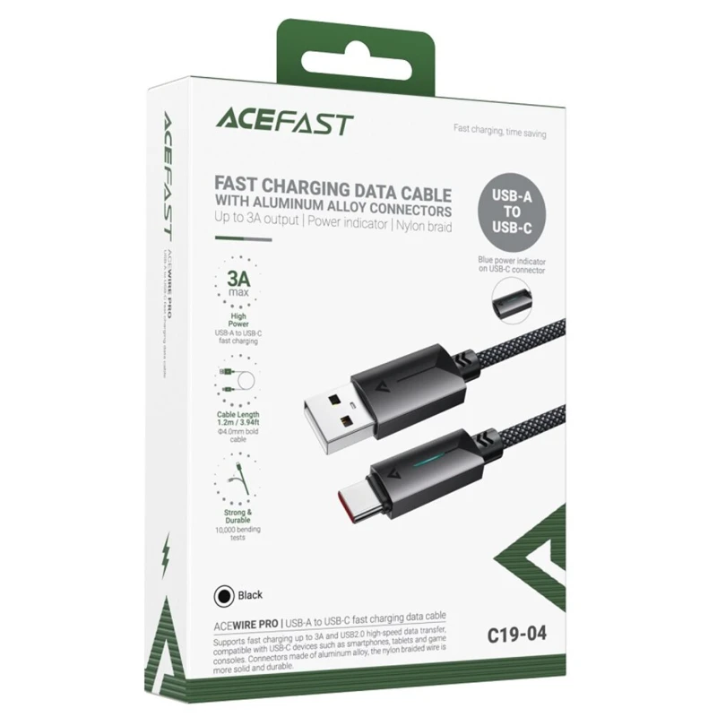 Дата кабель Acefast C19-04 USB to Type-C 3A (1.2m) – Black. Фото 2 з 5