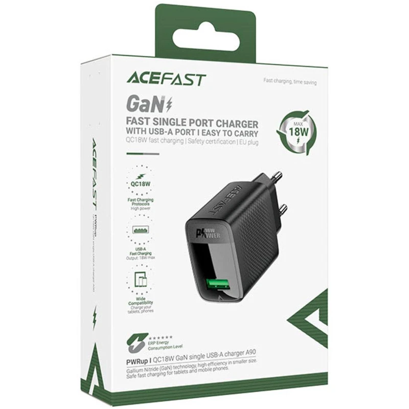 СЗУ Acefast A90 QC3.0 18W (1USB-A) – Black. Фото 4 из 4