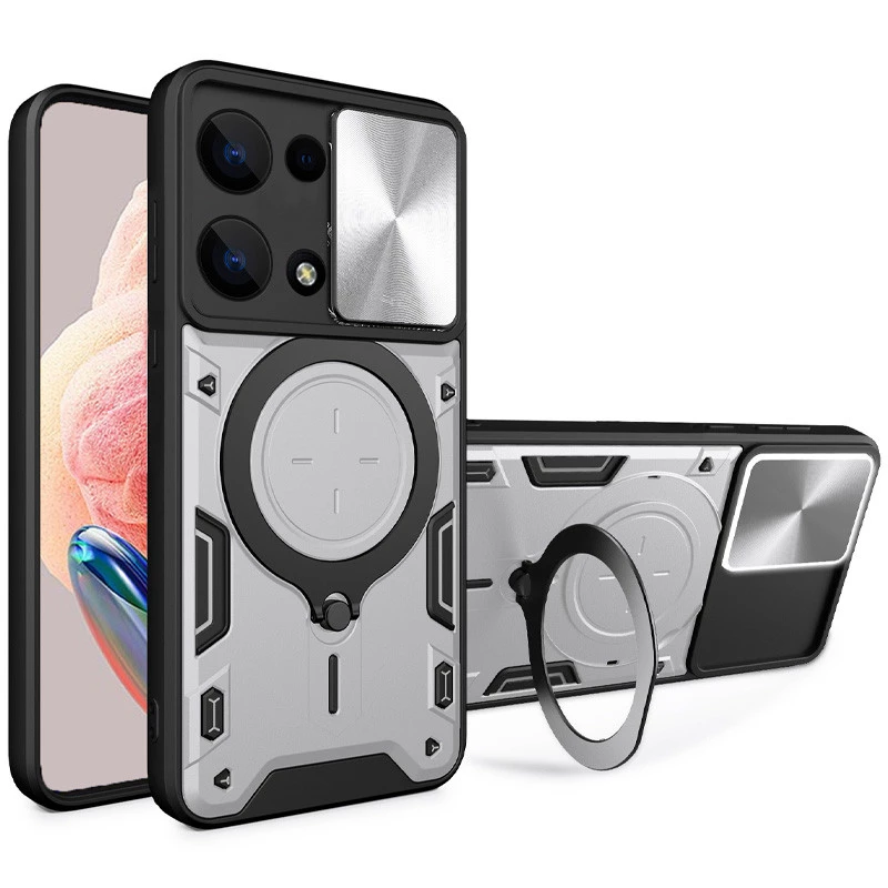 Ударостійкий чохол Bracket Ringstand із захисною шторкою для камери на Xiaomi Poco M6 Pro 4G – silver. Фото 1 з 5